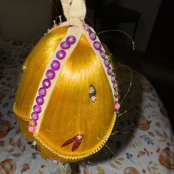 Vintage Satin Push Pin Sequin Bead Christmas Ornament Purple Yellow Gold - Picture 10 of 10